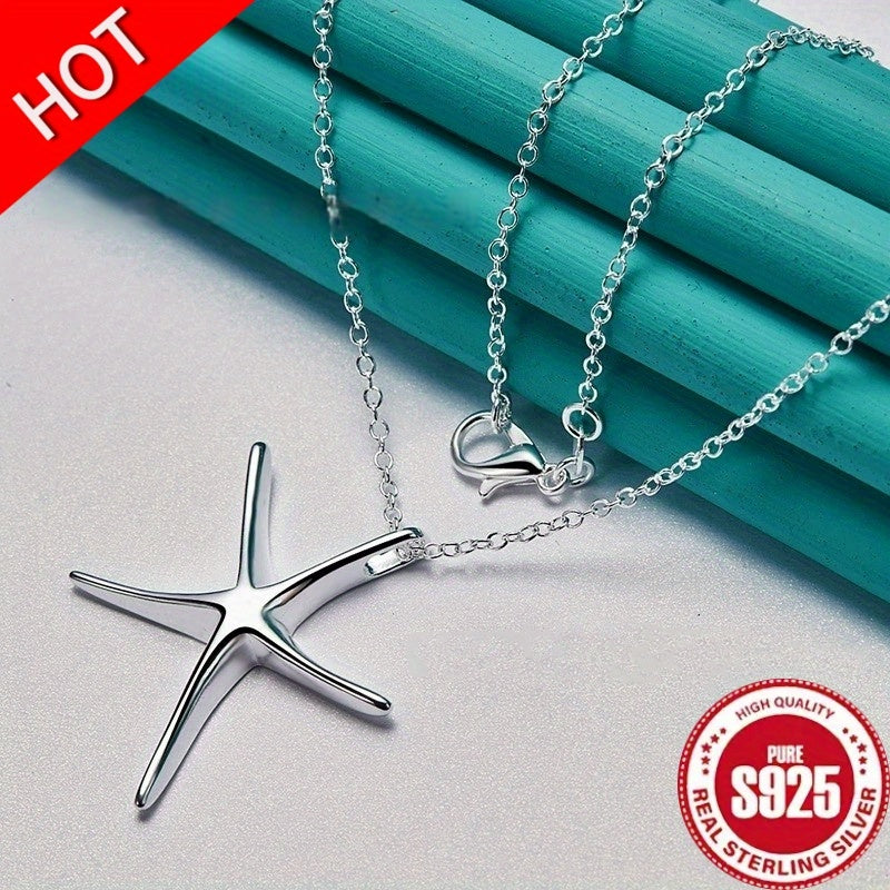 925 Silver Star and Starfish Pendant Necklace - Fashionable Women's Jewelry, Perfect Wedding Accessories, Daily Wear, Holiday Gifts for Friends