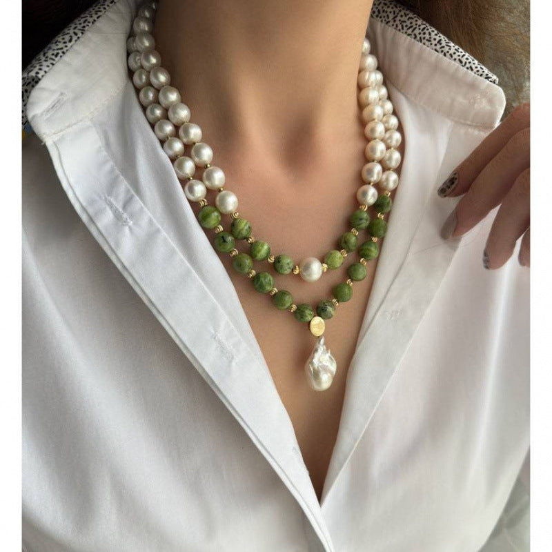 Multi-Layered Green Through Gray Fashion Handmade Beaded Necklace, Women's Faux Pearl Necklace, Best Gift for Her, Mother's Day Gift, Girlfriend Teacher's Day Graduation Season Gift, Christmas,, Daily Wear and Party Accessori