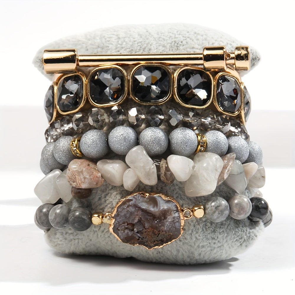 6pcs Boho Natural Stone Beaded Bracelet Set, Stackable Multi-Layer Handmade Stretch Bracelets, Bohemian Elegant Style Suitable For Women Stackable, Fashion Boho Bracelet Jewelry For Women