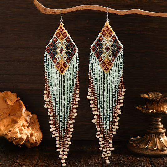 A pair of Women's fashion tassel earrings Bohemian style extra long tassel retro features geometric pattern glass rice beads hand-woven beaded suitable for daily wear leisure holiday wear all kinds of gifts for all seasons
