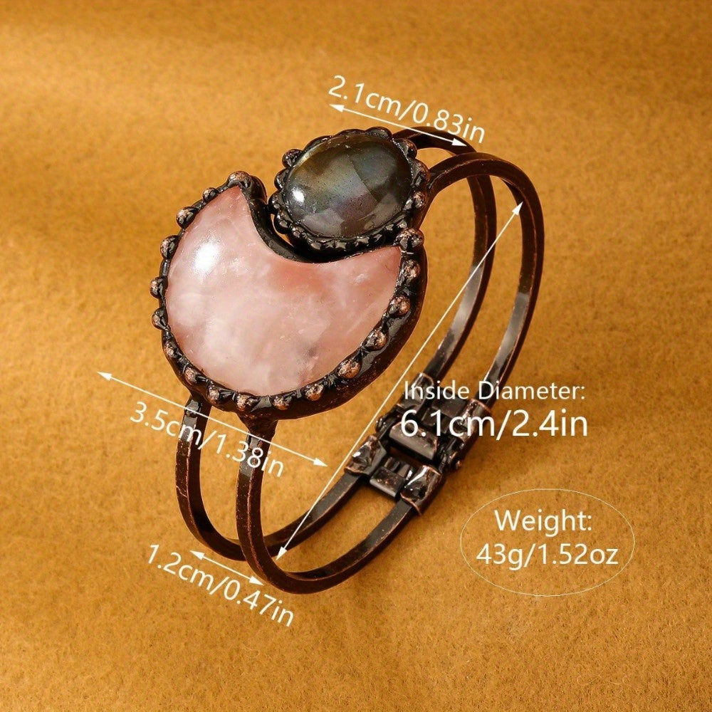 A Vintage Style Pink Crystal Amethyst Green Aventurine Moon Combination Labradorite Bronze Bracelet