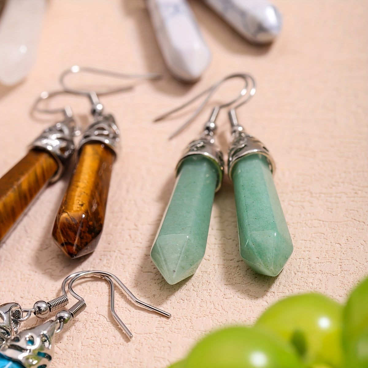 12Pairs Stone Earrings Sets For Men Women Natural Amethyst Rose Quartz Stone Hexagonal Dangle Stainless Steel Hook Earrings