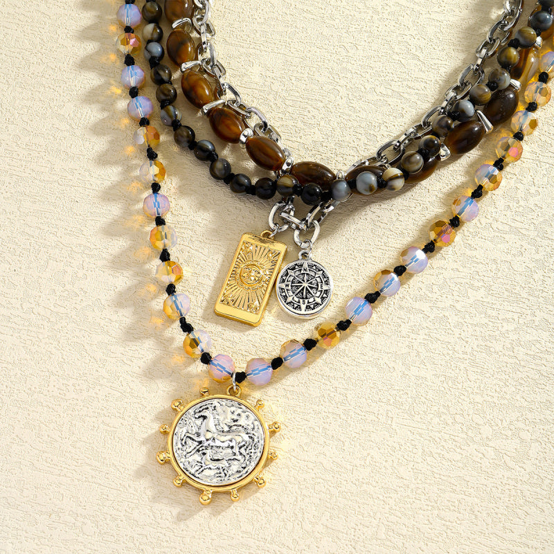 1pc Women's Multi-Layer Beaded Necklace - Blue & Brown Marbled Oval Pendant with Golden-Tone Chain, Retro-Sexy Layered Jewelry for Casual Attire, Valentine's Day Gift, Birthday Party Accessories - Durable Bead & Chain Design,