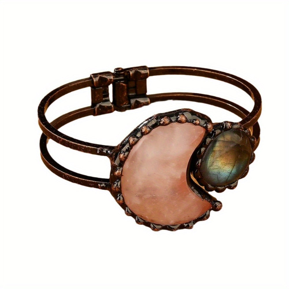 A Vintage Style Pink Crystal Amethyst Green Aventurine Moon Combination Labradorite Bronze Bracelet