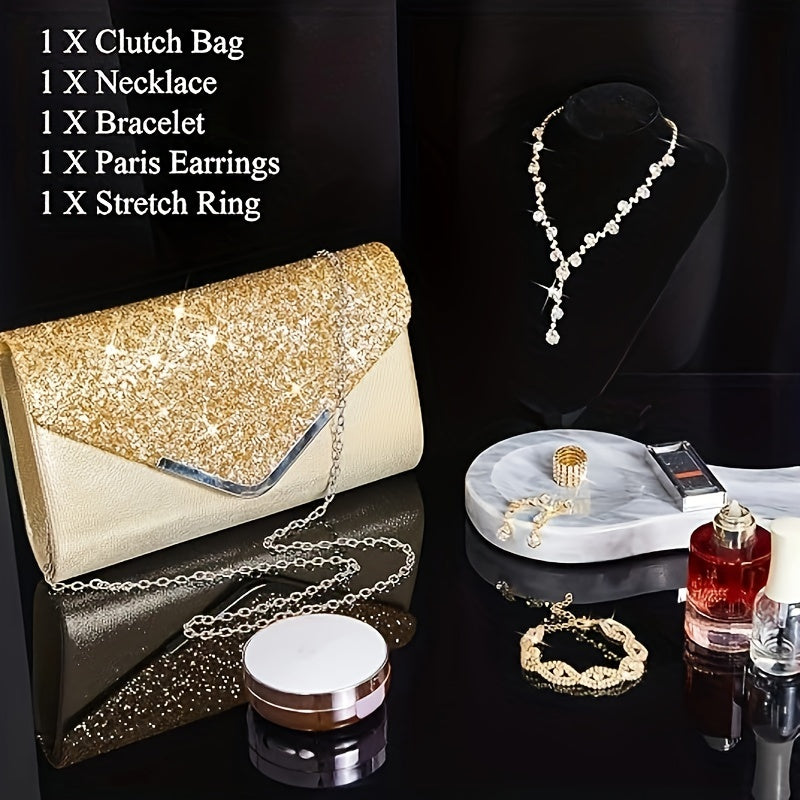 5pcs Elegant Jewelry Set for Women - Chic Clutch, Necklace, Earrings, Bracelet & Ankle Chain, Perfect for Weddings & Formal Events, Wedding Jewelry | Glamorous Jewelry | Embellishments, Jewelry Set