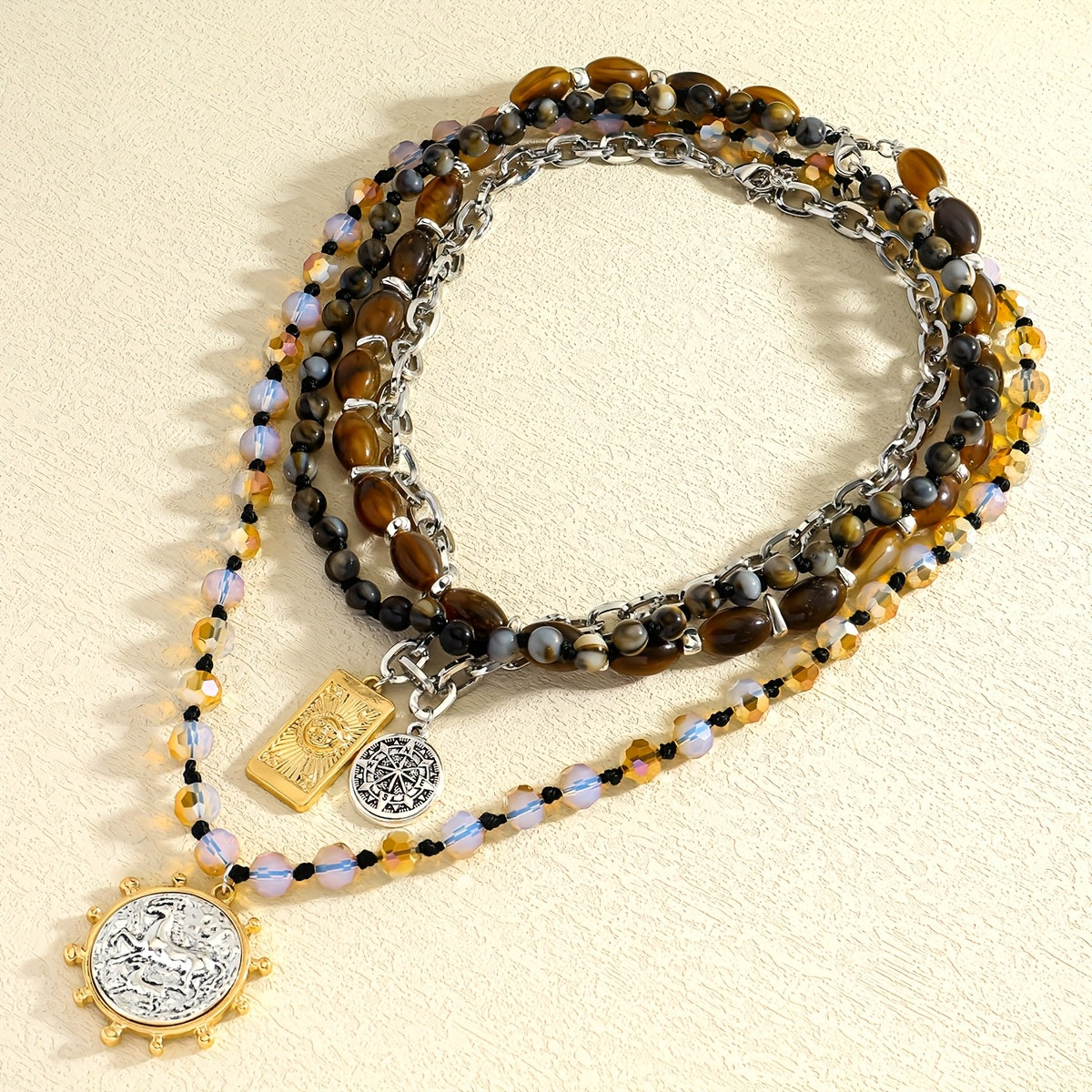 4pcs Bohemian Style Women's Multi-Layer Beaded Chain with Natural Stone Geometric Round and Rectangular Pendant Fashion High-End Layered Body Chain