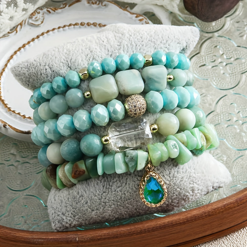 5pcs Boho Beaded Turquoise Bracelet Set, Stackable Multi-Layer Handmade Crystal And Turquoise Stretch Bracelets, Classic Design For Daily And Vacation Wear-Bohemian Elegant Style Suitable For Women Stackable