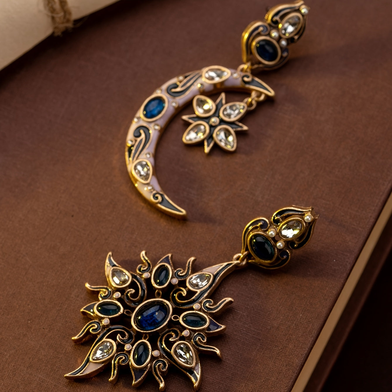 [Bohemian Earrings] Vintage-Inspired Bohemian Gothic Crescent Moon & Star Earrings | Mosaic Gemstones, Copper Alloy, Ideal for Theme Parties and Music Festivals, Unique Charm, Elegant Accessory