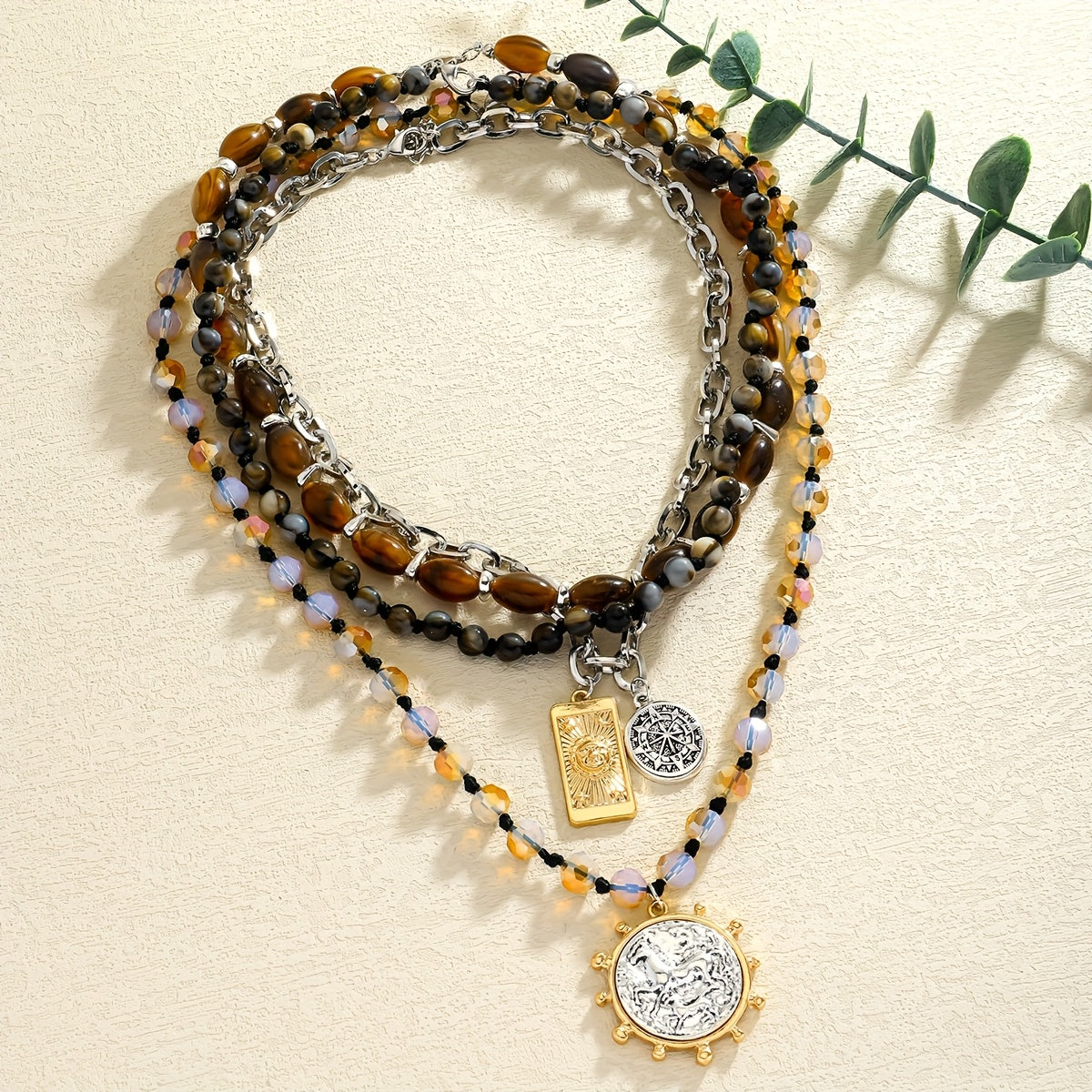 4pcs Bohemian Style Women's Multi-Layer Beaded Chain with Natural Stone Geometric Round and Rectangular Pendant Fashion High-End Layered Body Chain