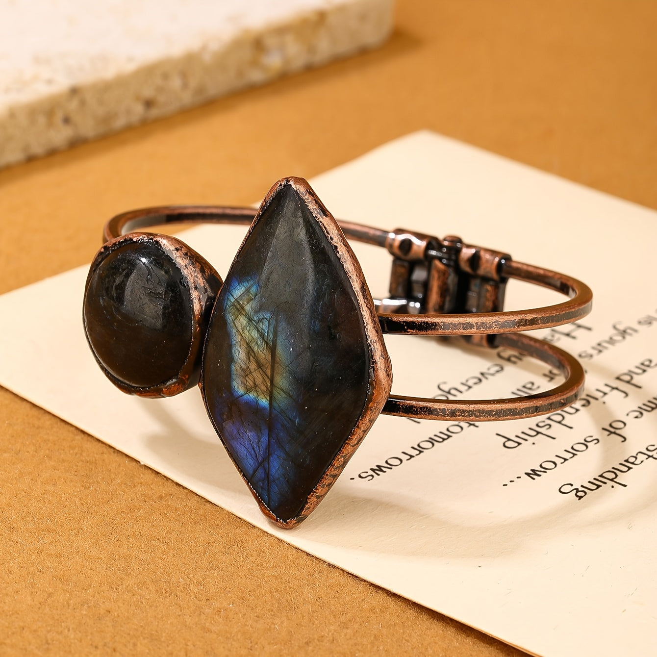 Vintage Bohemian Style Natural Labradorite Stone Bracelet - Handcrafted Antique Bronze Finish, Teardrop & Round Designs, Perfect for Parties & Gifts