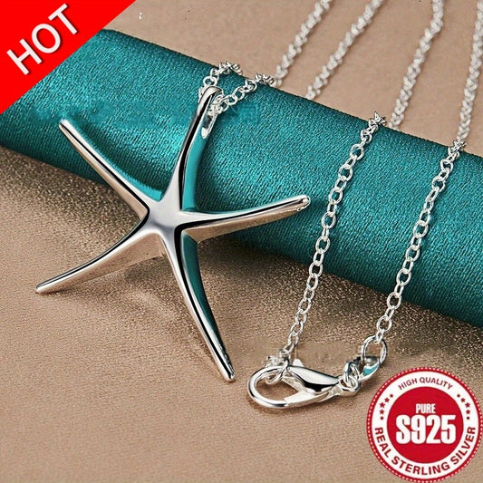 925 Silver Star and Starfish Pendant Necklace - Fashionable Women's Jewelry, Perfect Wedding Accessories, Daily Wear, Holiday Gifts for Friends