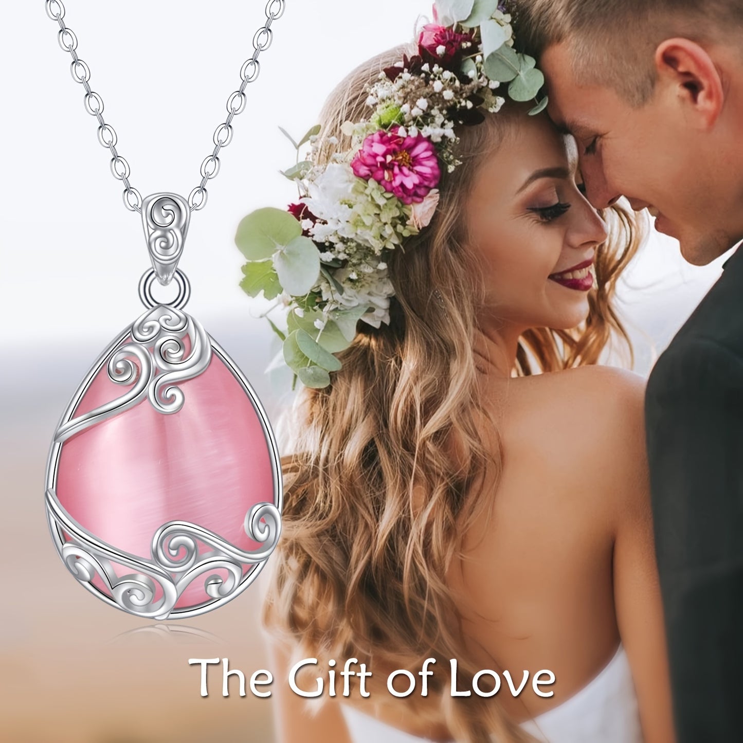 Teardrop Necklace 925 Sterling Silver Pink Natural Stone Necklace Filigree Pendant Necklace Jewelry For Women