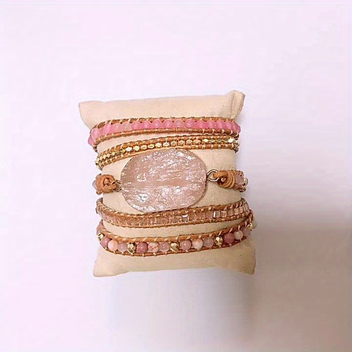 [5 Wrap Boho Bracelet] 5 Wrap Natural Rose Crystal Leather Handmade Boho Bracelet Jewelry