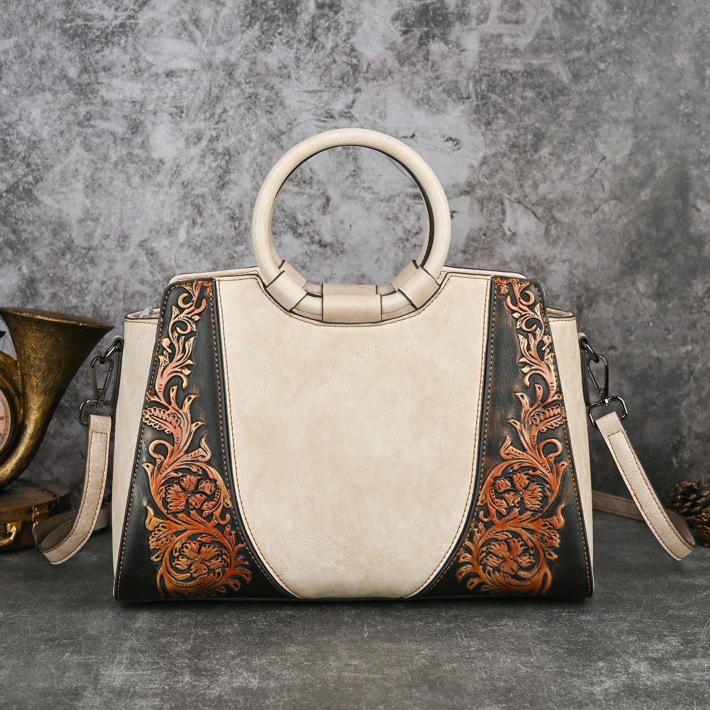 Vintage Women'S Handbag with Floral Embossed Design - Large Capacity Multifunctional Crossbody & Shoulder Bag, Adjustable Strap, Golden-Tone Hardware & Zipper Closure, Two-Tone Brown &, Polyester Lining - Elegant Retro Purse