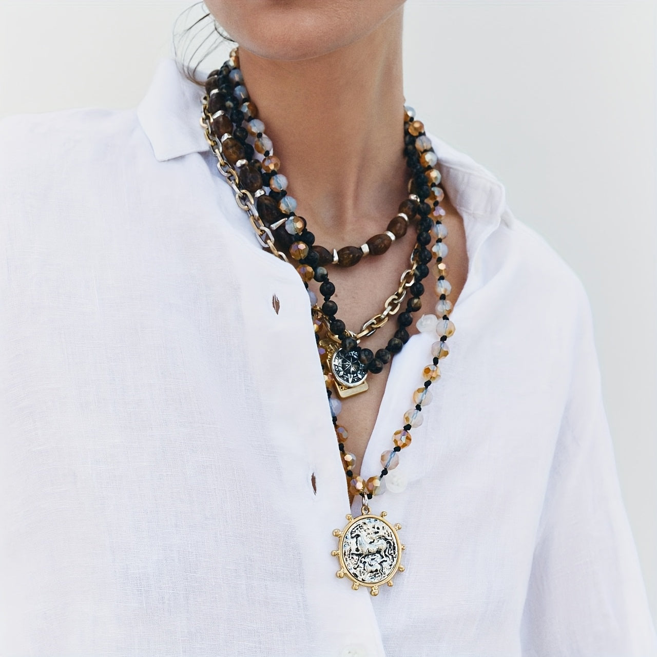 4pcs Bohemian Style Women's Multi-Layer Beaded Chain with Natural Stone Geometric Round and Rectangular Pendant Fashion High-End Layered Body Chain