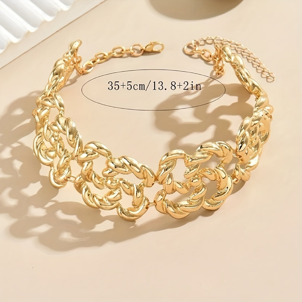 A Collection Of 5 Jewelry Sets, 1 Piece Of Necklace, 1 Piece Of Bracelet, 1 Set Of Ring, 1 Pair Of Earrings, Fashionable Golden Geometric Spiral Hollow Flower Chain Jewelry, Ladies Necklace, Suitable For Gifting