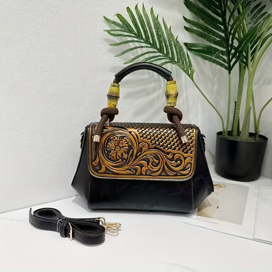 2025 Retro Chinese-Inspired Floral Carved Women's Handbag - Premium Second-Layer Leather Convertible Crossbody/Shoulder Bag with Adjustable Braided Strap, Secure Clasp Closure & Lined Interior - Available in Deep Brown, Beige