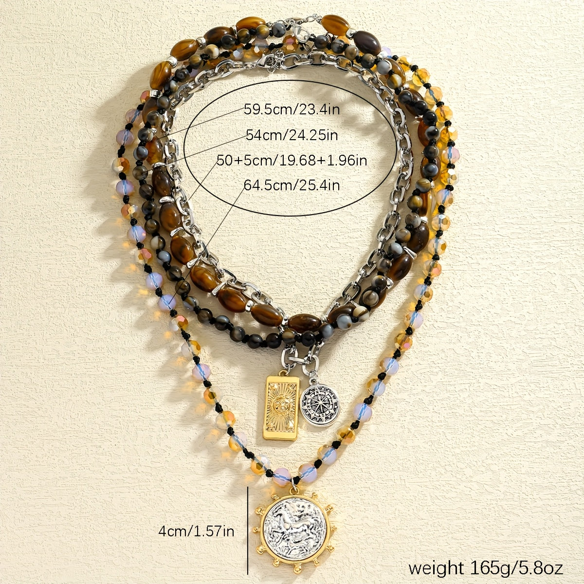 4pcs Bohemian Style Women's Multi-Layer Beaded Chain with Natural Stone Geometric Round and Rectangular Pendant Fashion High-End Layered Body Chain