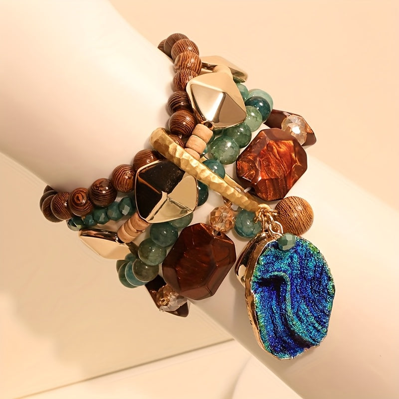 1pc Bohemian Style Mixed Color Beaded Bracelet with Resin Pendant - Layered Stackable Boho Chic Jewelry for Beach & Special Occasions, Ideal Gift for Women