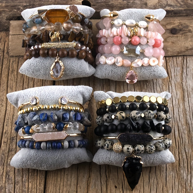 6pcs Boho Chic Natural Stone Stretch Bracelet Set with Druzy Pendant Charm - Elegant Multi-Layer, Stackable Design for Daily & Vacation Wear - Ideal Gift for Friends & Family, Charm Bracelet