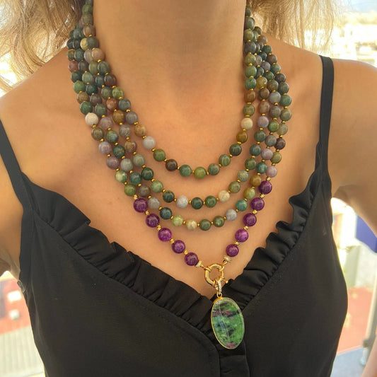 Vintage Color Multistrand Stacked Beaded Pendant Necklace