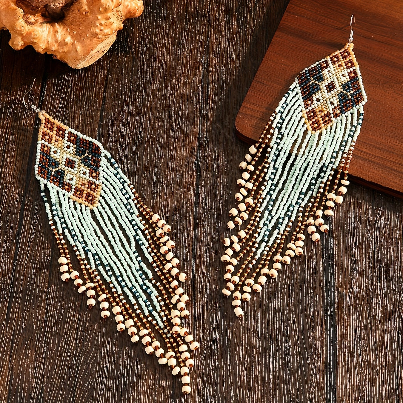 A pair of Women's fashion tassel earrings Bohemian style extra long tassel retro features geometric pattern glass rice beads hand-woven beaded suitable for daily wear leisure holiday wear all kinds of gifts for all seasons