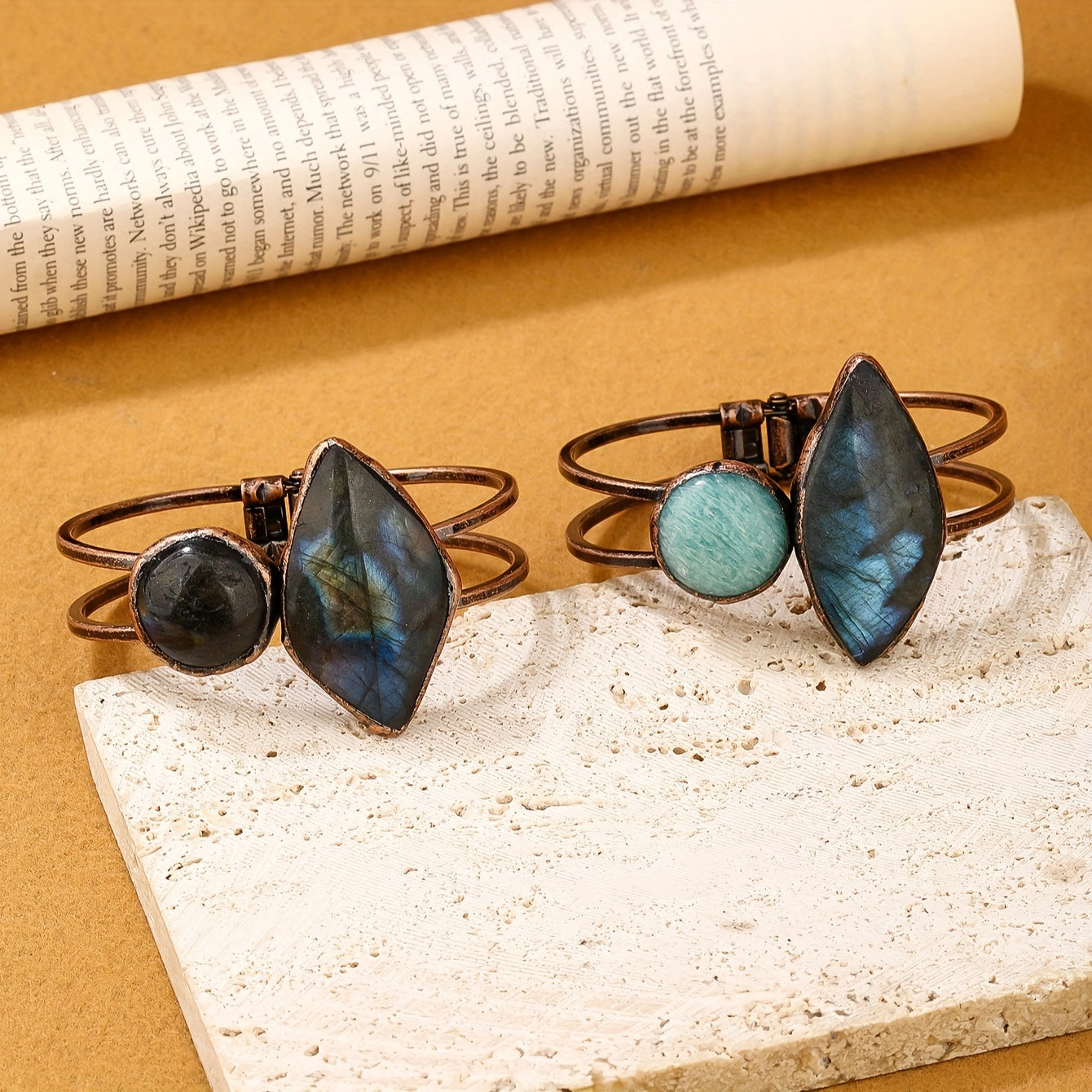 Vintage Bohemian Style Natural Labradorite Stone Bracelet - Handcrafted Antique Bronze Finish, Teardrop & Round Designs, Perfect for Parties & Gifts