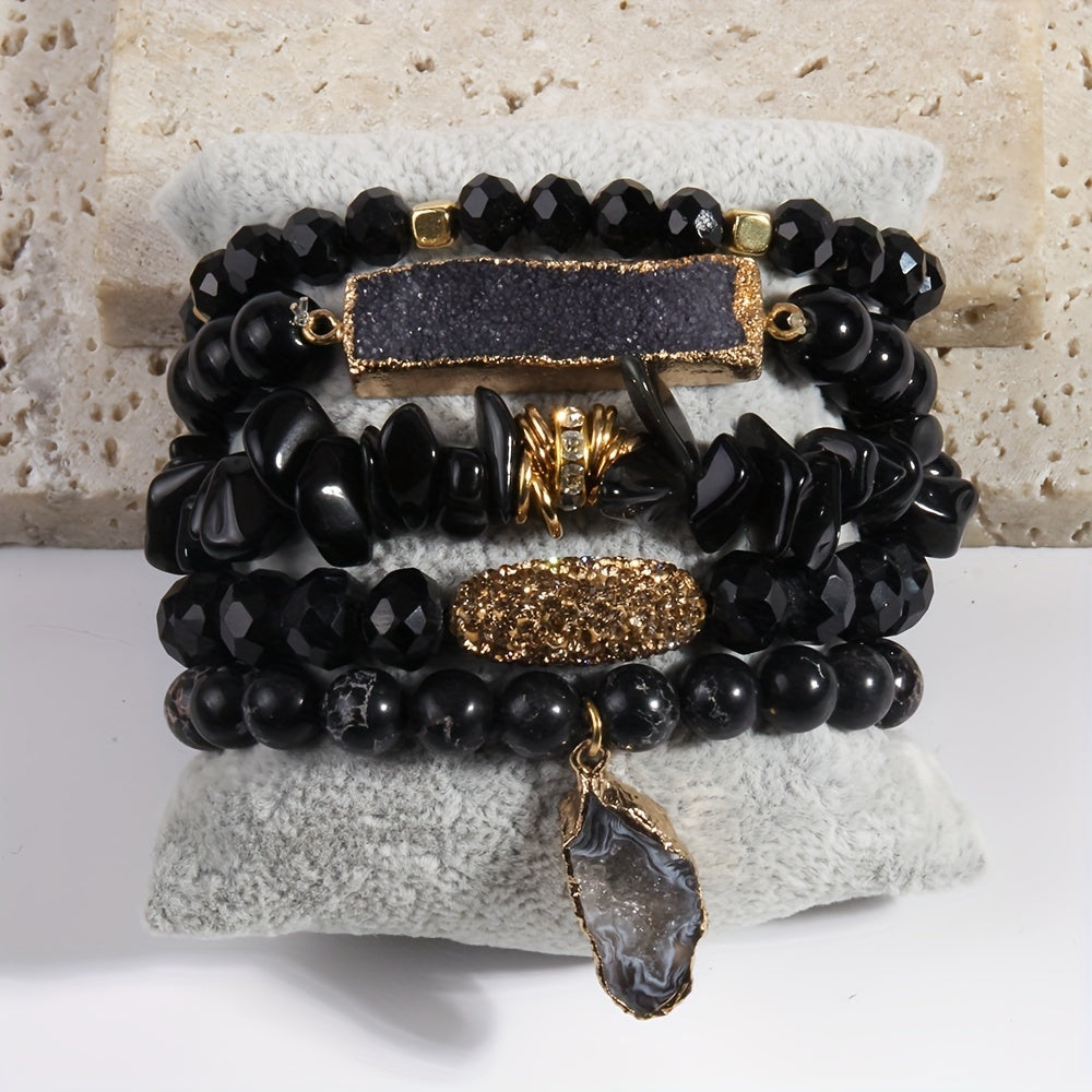 5pcs Boho Natural Stone Beaded Bracelet Set, Stackable Multi-Layer Handmade Stretch Bracelets, Fashion Boho Bracelet Jewelry For Women