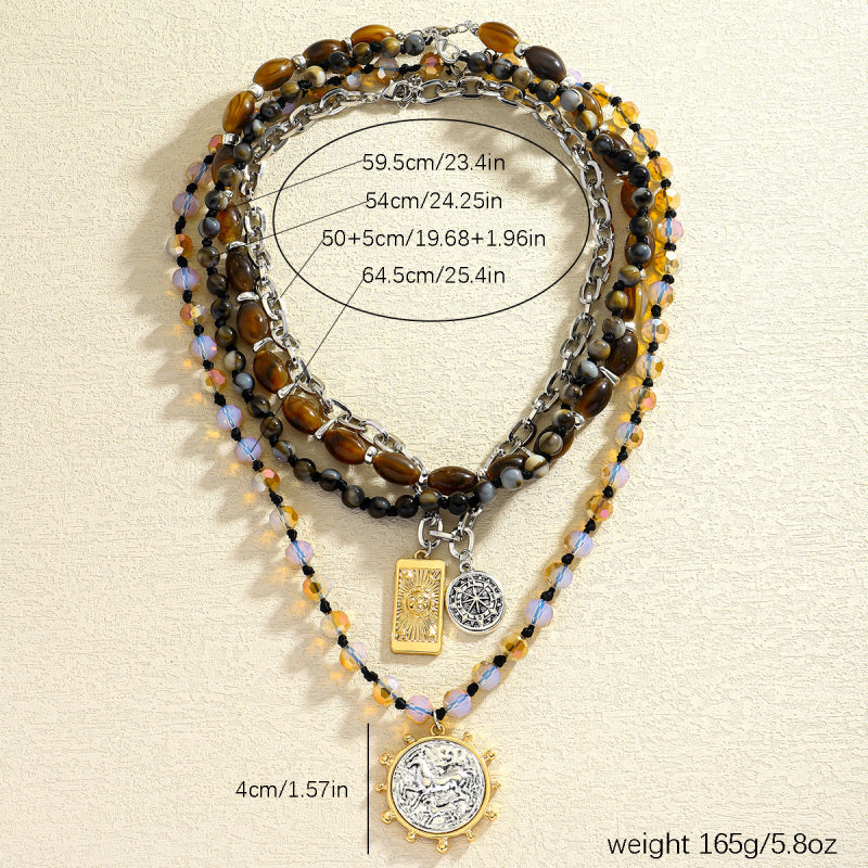 1pc Women's Multi-Layer Beaded Necklace - Blue & Brown Marbled Oval Pendant with Golden-Tone Chain, Retro-Sexy Layered Jewelry for Casual Attire, Valentine's Day Gift, Birthday Party Accessories - Durable Bead & Chain Design,