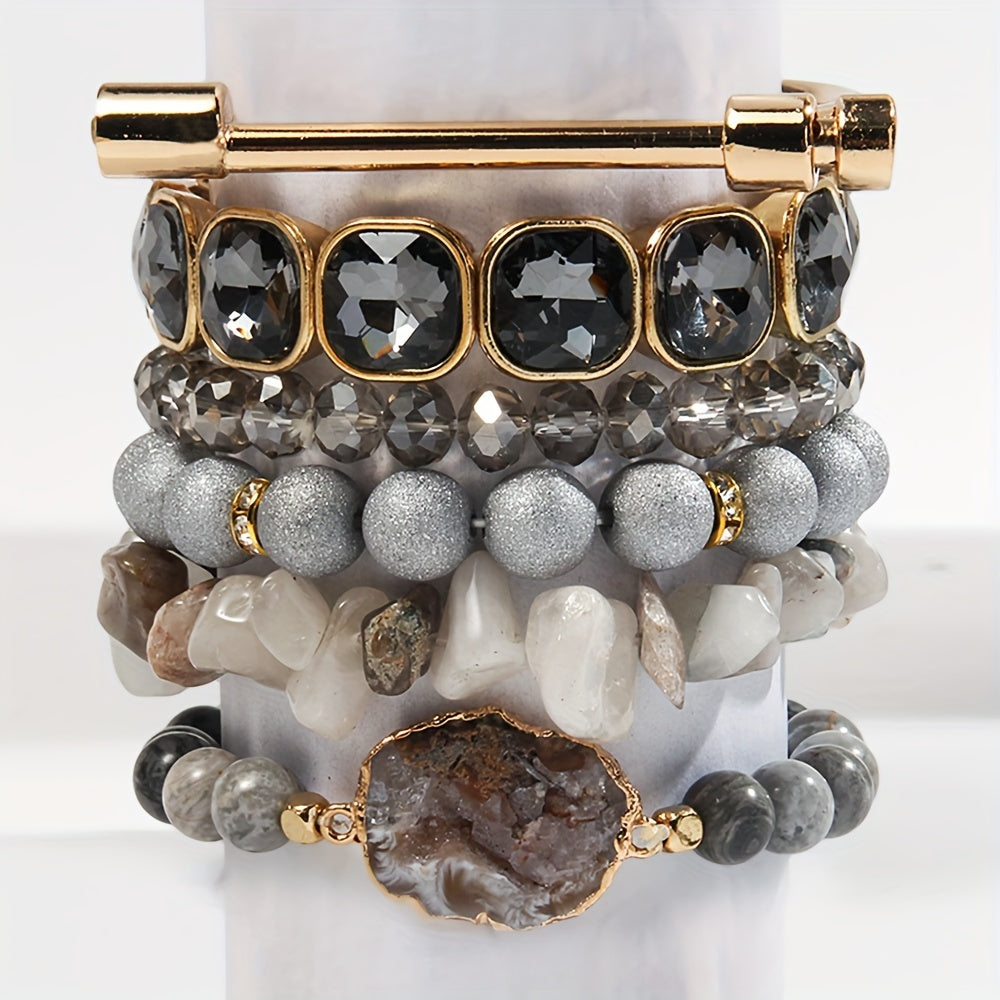 6pcs Boho Natural Stone Beaded Bracelet Set, Stackable Multi-Layer Handmade Stretch Bracelets, Bohemian Elegant Style Suitable For Women Stackable, Fashion Boho Bracelet Jewelry For Women