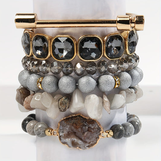 6pcs Boho Natural Stone Beaded Bracelet Set, Stackable Multi-Layer Handmade Stretch Bracelets, Bohemian Elegant Style Suitable For Women Stackable, Fashion Boho Bracelet Jewelry For Women