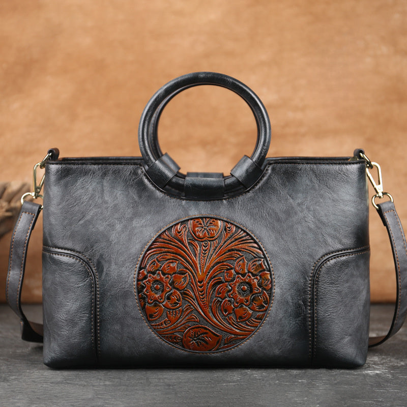 2025 Floral Embossed Crossbody Bag, Ethnic Style Olive Green/Brown Contrast Design, Dual-Use Handheld & Shoulder Bag, Golden-Tone Hardware Zipper Closure, Casual Formal Art Purse, Durable Polyester Lining, Fine Craftsmanship,