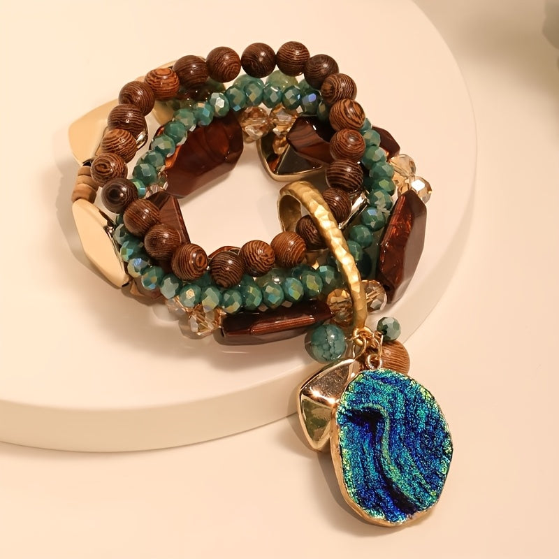 1pc Bohemian Style Mixed Color Beaded Bracelet with Resin Pendant - Layered Stackable Boho Chic Jewelry for Beach & Special Occasions, Ideal Gift for Women