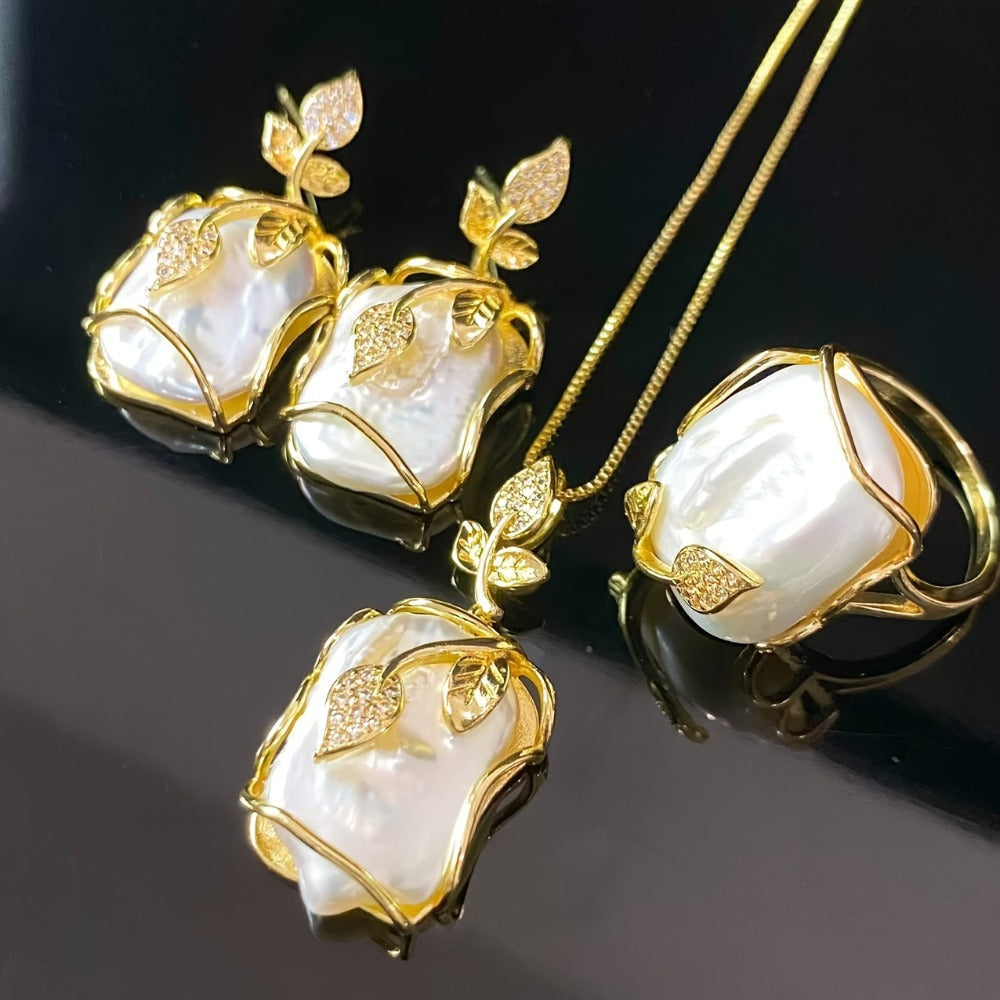 Women's Jewelry Set, Natural Freshwater Freshwater Pearls Necklace, Earring Set, Baroque Freshwater Freshwater Pearls Ring Set