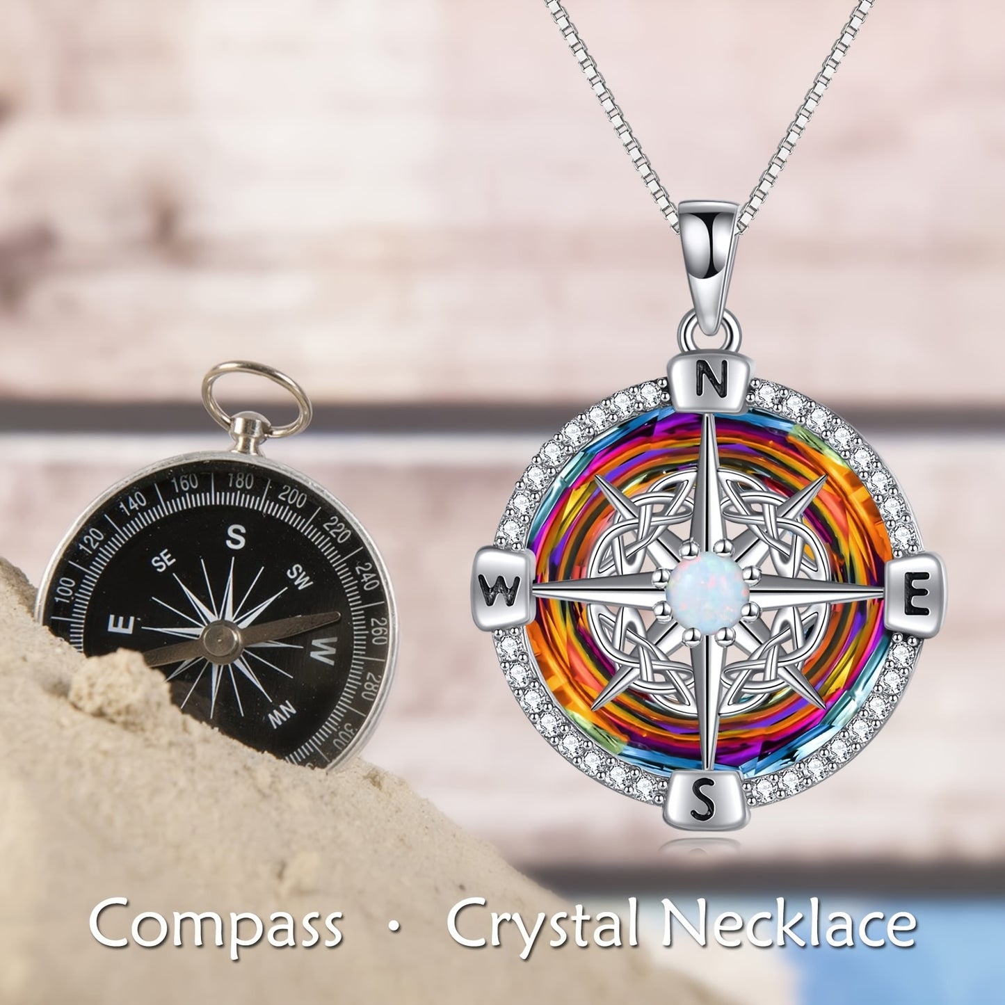 925 Sterling Silvery Compass Necklace for Women Good Luck Celtic Knot Pendant Necklace with Colorful Created Artificial Crystal Compass Jewelry Graduation Mothers Day Gifts for Sister Wife Her Mother