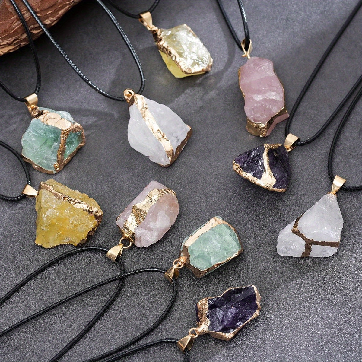 20pcs/ 10SET Natural Stone Irregular Bezel Pendants - Boho Chic Necklace DIY Kit with -Plated Edging & Black Leather Cords, Luxe Party Jewelry for Holidays/ Gifts, Includes 1 Free Storage Pouch