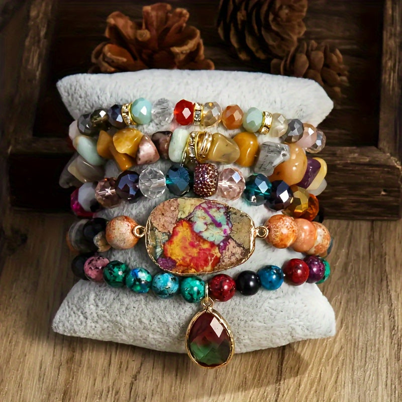 5pcs Natural Stone Bead Pendant String Bead Bracelet Set - Vintage Bohemian Style Stackable Bracelet Jewelry Set