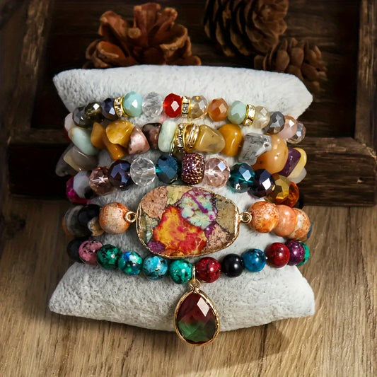 5pcs Natural Stone Bead Pendant String Bead Bracelet Set - Vintage Bohemian Style Stackable Bracelet Jewelry Set