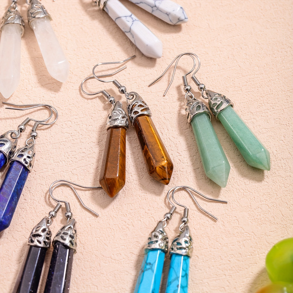 12Pairs Stone Earrings Sets For Men Women Natural Amethyst Rose Quartz Stone Hexagonal Dangle Stainless Steel Hook Earrings