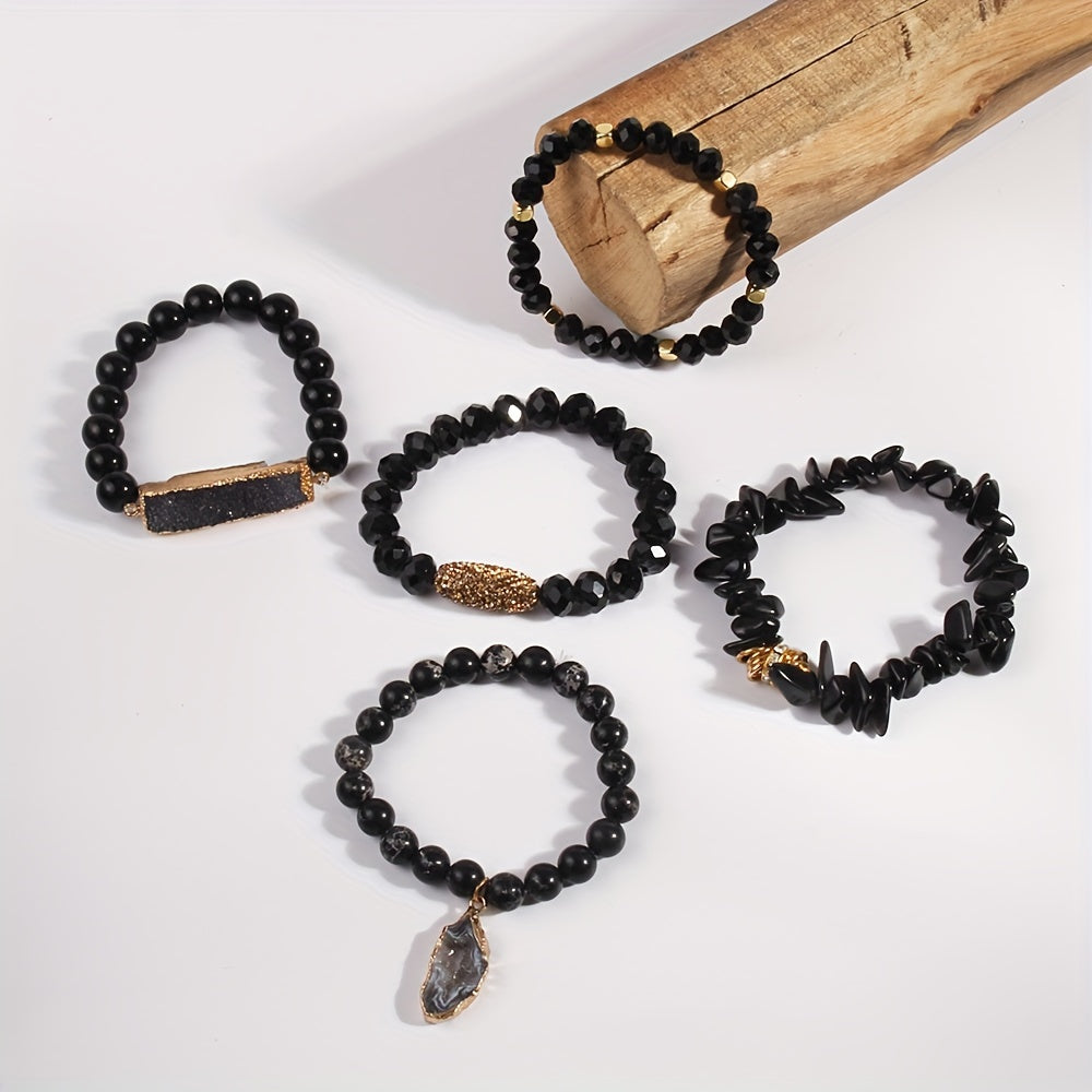 5pcs Boho Natural Stone Beaded Bracelet Set, Stackable Multi-Layer Handmade Stretch Bracelets, Fashion Boho Bracelet Jewelry For Women