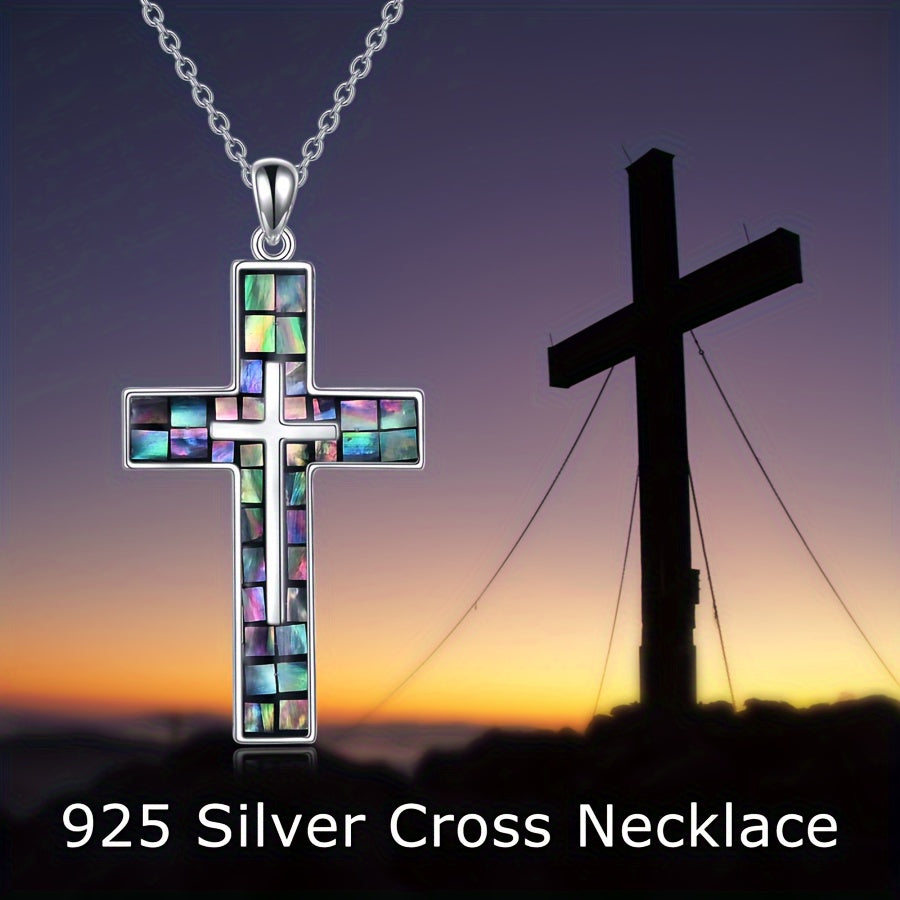 Sterling Silver Cross Necklace with Abalone Shell Pendant - Hypoallergenic, Religious Christian Jewelry Gift for Women