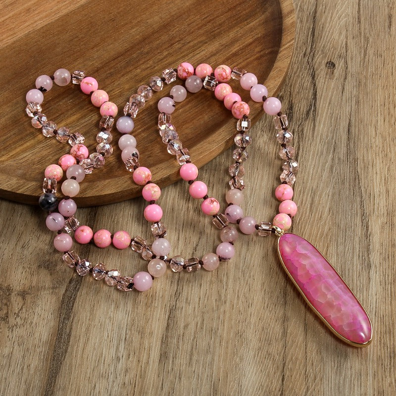 Women's Bohemian Multi-Color Bead Necklace with Pink & Magenta Marbled Teardrop Pendant - Pastel Pink/Green/Beige/Golden/Taupe Beads - Beige-Tone Accentuating Jewelry Gift for Fair Beige Tones, Everyday Boho Necklace (No Plat