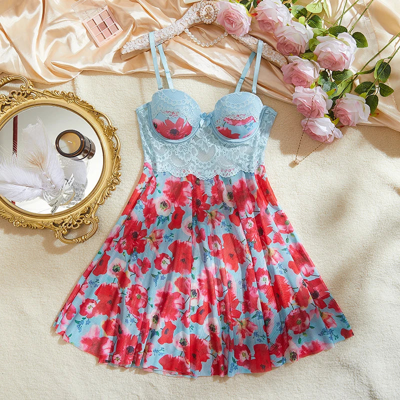 Women's Lace Underwire Floral Babydoll Nightgown Flowy Lingerie Dress and Thong Set