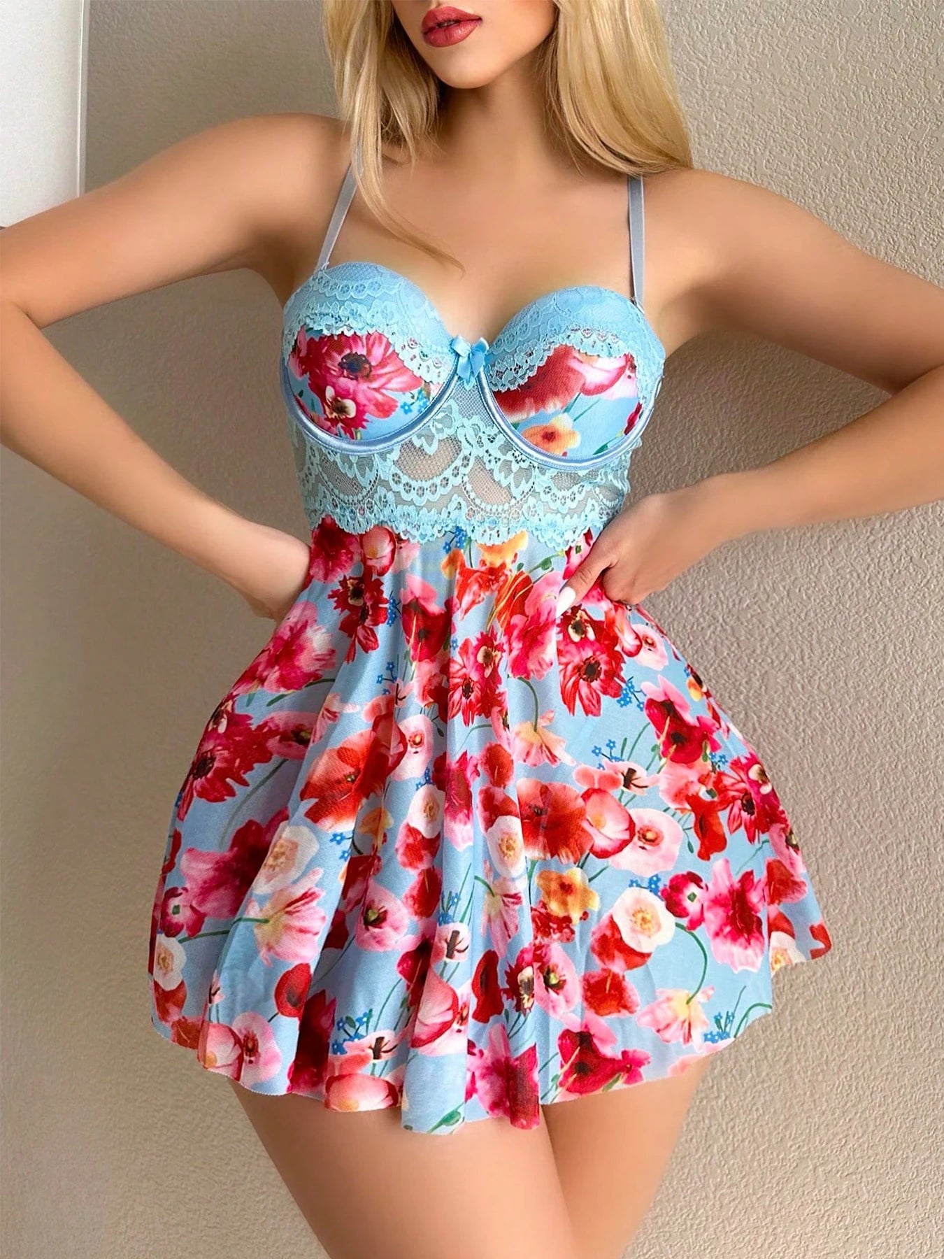 Women's Lace Underwire Floral Babydoll Nightgown Flowy Lingerie Dress and Thong Set