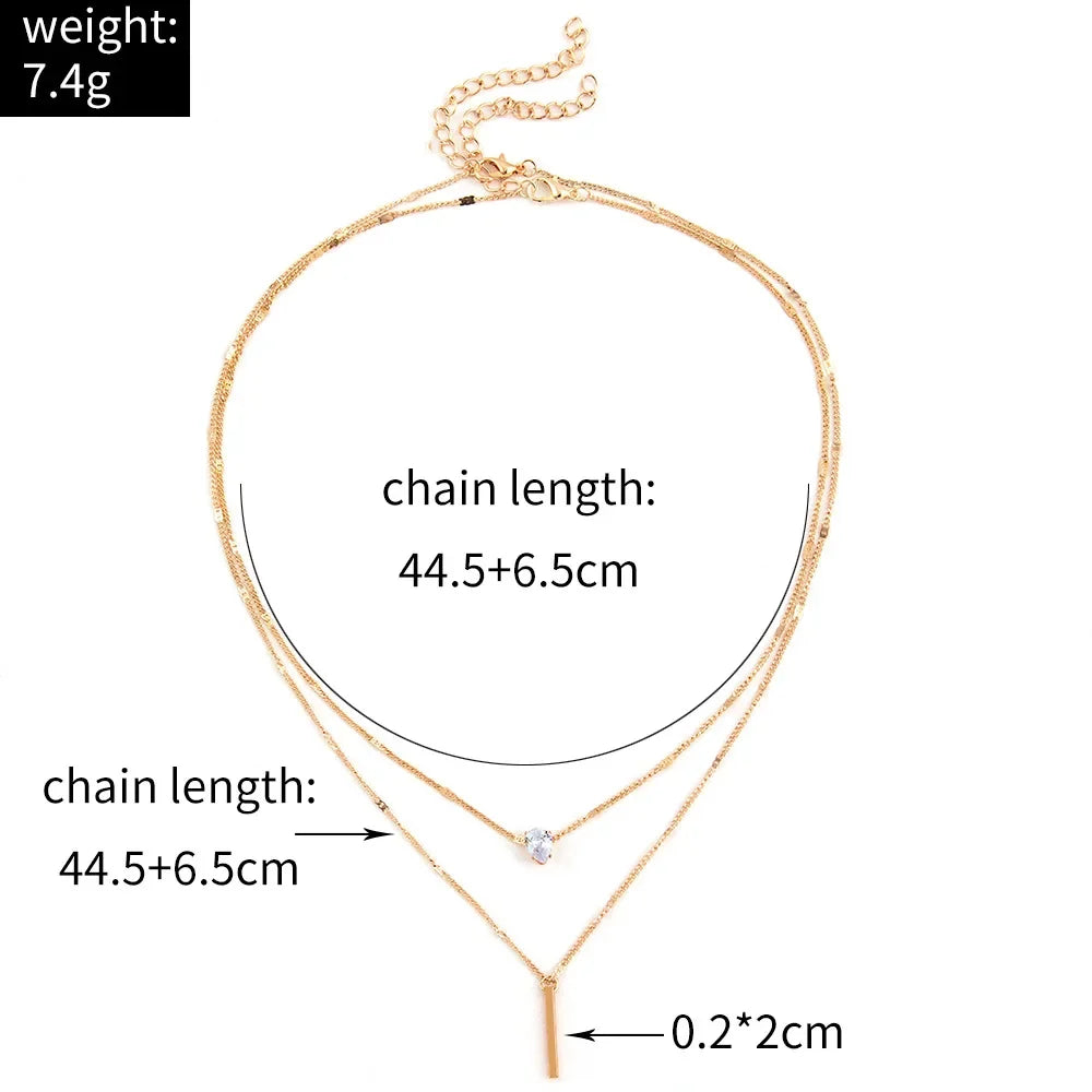 Fashion Multi-layer Necklace For Women Simple Crystal Water Drop Pendant Gold  Color Chain Choker Trend Jewelry
