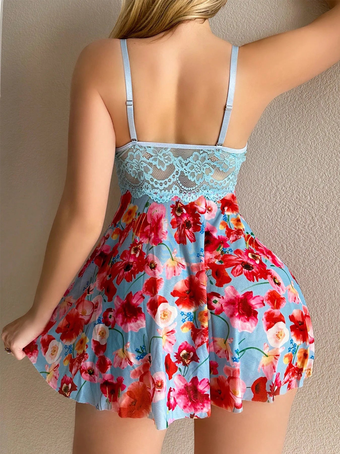 Women's Lace Underwire Floral Babydoll Nightgown Flowy Lingerie Dress and Thong Set