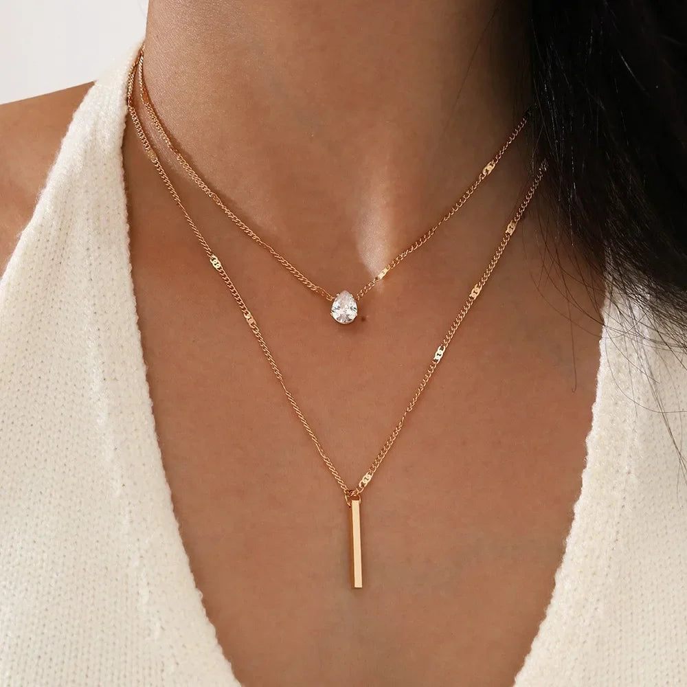 Fashion Multi-layer Necklace For Women Simple Crystal Water Drop Pendant Gold  Color Chain Choker Trend Jewelry