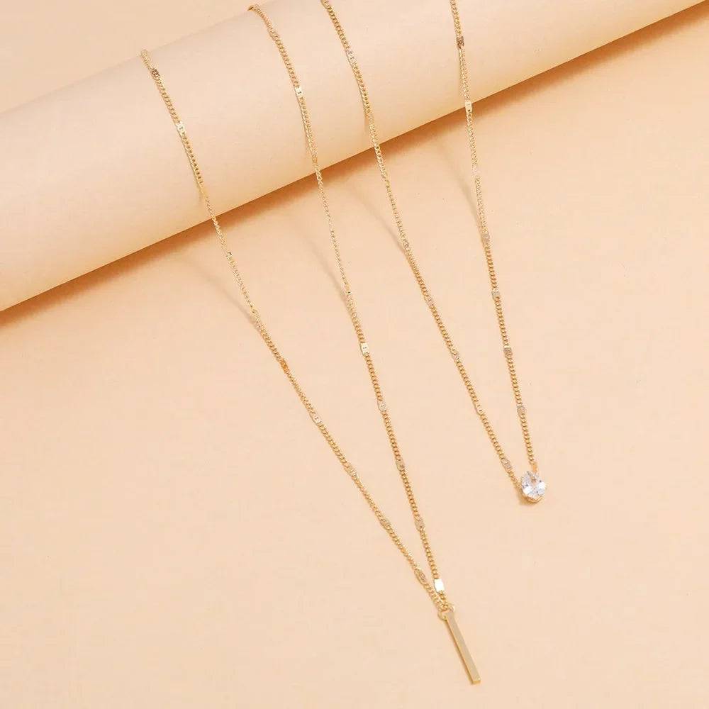 Fashion Multi-layer Necklace For Women Simple Crystal Water Drop Pendant Gold  Color Chain Choker Trend Jewelry