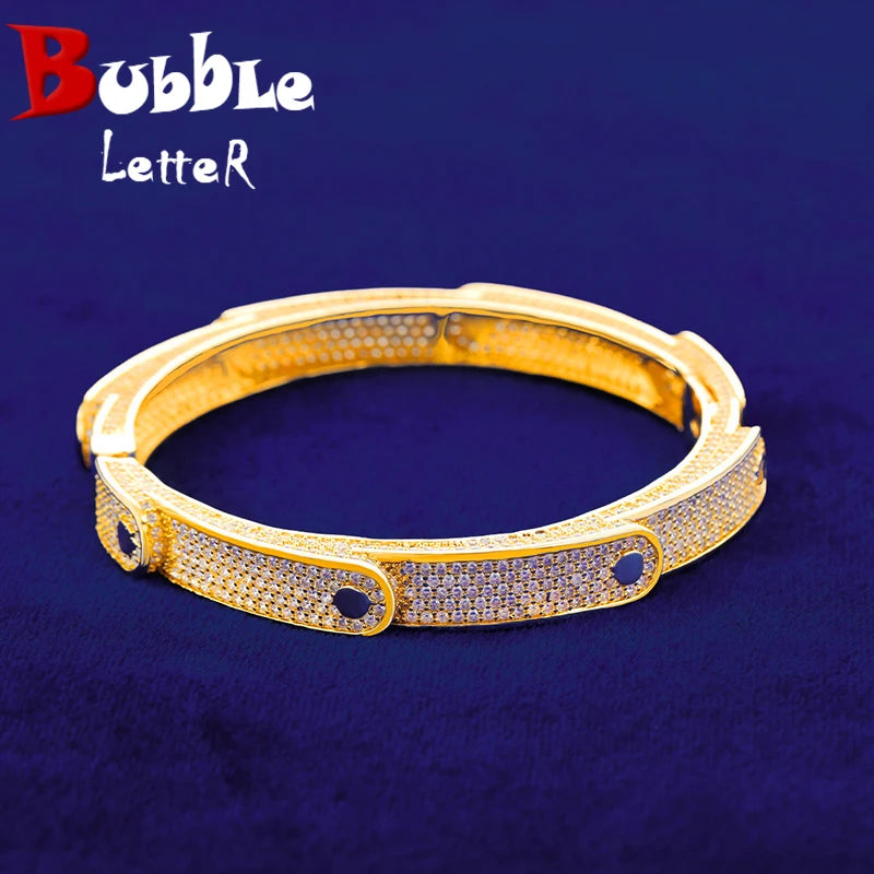 Bubble Letter Iced Irregular Multilateral Figure Bangle Real Gold Color Women Bracelet  Jewelry
