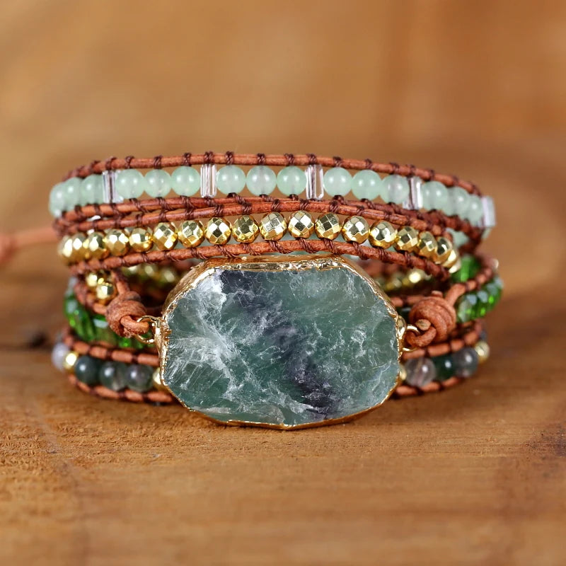 Natural  green Crystal Quartz Charm 5Strands Wrap Bracelets Handmade Boho Bracelet Women Leather Bracelet lovers jewelry gift